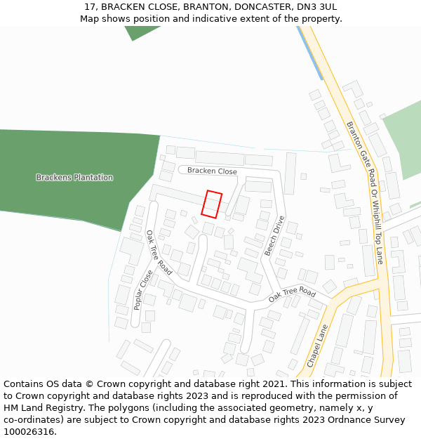 17, BRACKEN CLOSE, BRANTON, DONCASTER, DN3 3UL: Location map and indicative extent of plot