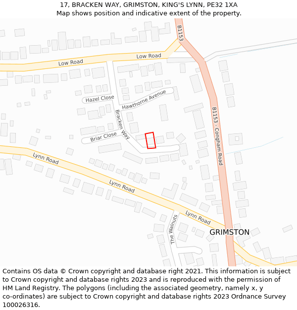 17, BRACKEN WAY, GRIMSTON, KING'S LYNN, PE32 1XA: Location map and indicative extent of plot