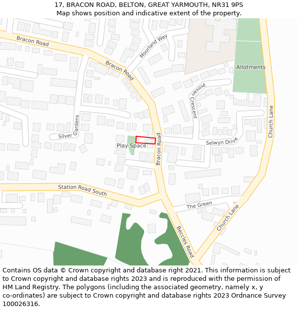 17, BRACON ROAD, BELTON, GREAT YARMOUTH, NR31 9PS: Location map and indicative extent of plot