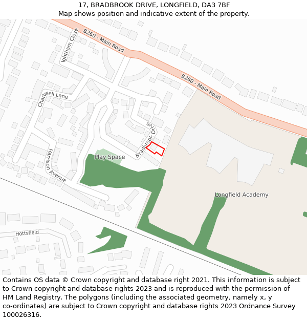 17, BRADBROOK DRIVE, LONGFIELD, DA3 7BF: Location map and indicative extent of plot