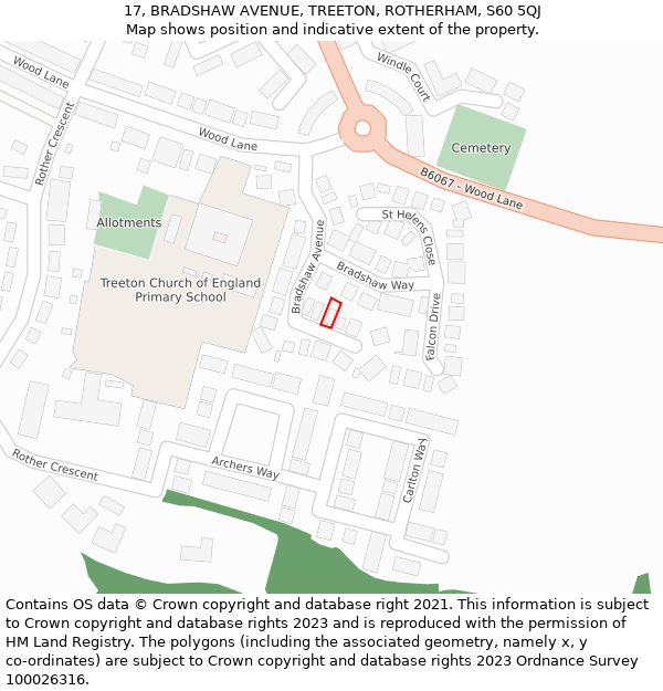 17, BRADSHAW AVENUE, TREETON, ROTHERHAM, S60 5QJ: Location map and indicative extent of plot