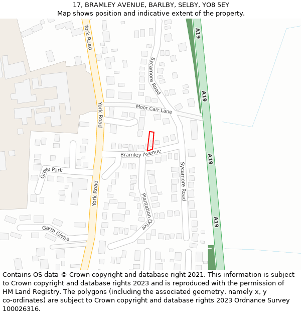 17, BRAMLEY AVENUE, BARLBY, SELBY, YO8 5EY: Location map and indicative extent of plot