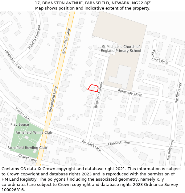 17, BRANSTON AVENUE, FARNSFIELD, NEWARK, NG22 8JZ: Location map and indicative extent of plot