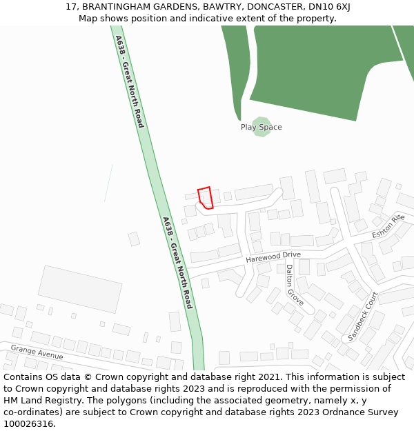 17, BRANTINGHAM GARDENS, BAWTRY, DONCASTER, DN10 6XJ: Location map and indicative extent of plot