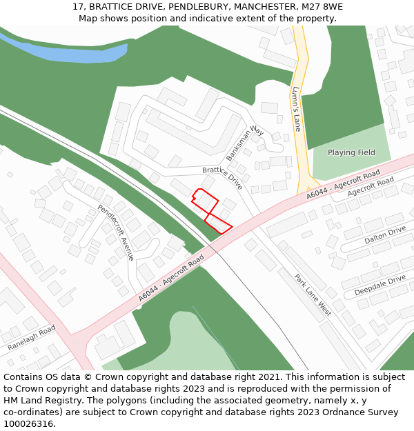17, BRATTICE DRIVE, PENDLEBURY, MANCHESTER, M27 8WE: Location map and indicative extent of plot