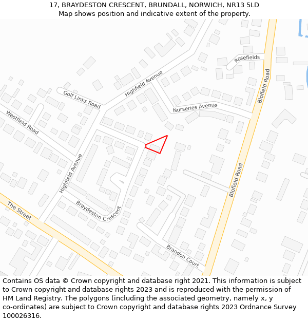 17, BRAYDESTON CRESCENT, BRUNDALL, NORWICH, NR13 5LD: Location map and indicative extent of plot