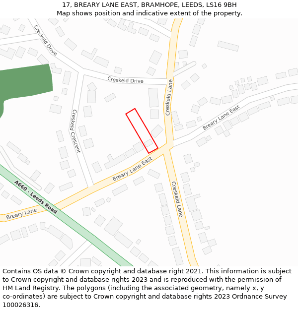 17, BREARY LANE EAST, BRAMHOPE, LEEDS, LS16 9BH: Location map and indicative extent of plot