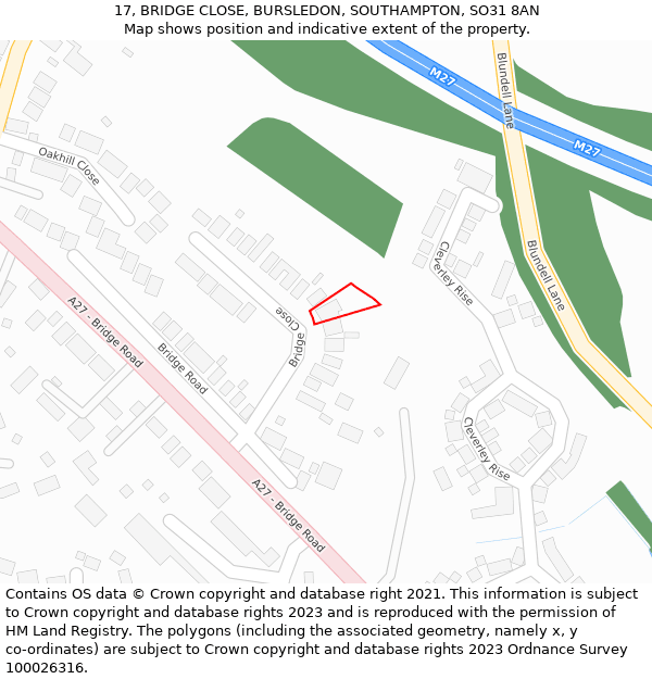 17, BRIDGE CLOSE, BURSLEDON, SOUTHAMPTON, SO31 8AN: Location map and indicative extent of plot