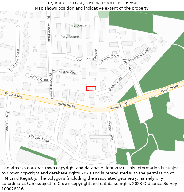 17, BRIDLE CLOSE, UPTON, POOLE, BH16 5SU: Location map and indicative extent of plot