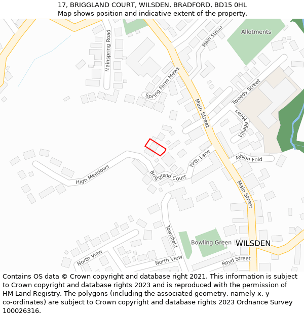 17, BRIGGLAND COURT, WILSDEN, BRADFORD, BD15 0HL: Location map and indicative extent of plot