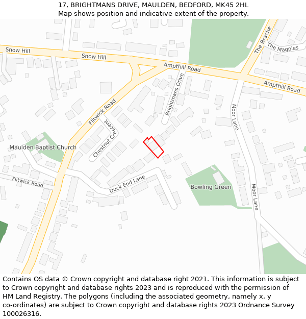 17, BRIGHTMANS DRIVE, MAULDEN, BEDFORD, MK45 2HL: Location map and indicative extent of plot