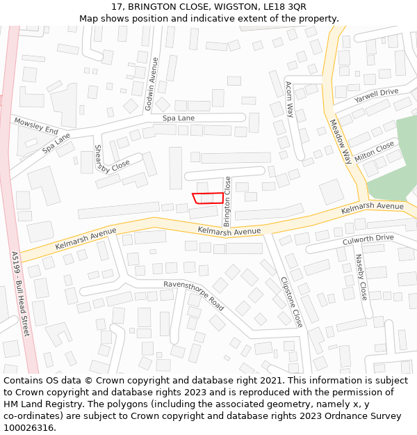 17, BRINGTON CLOSE, WIGSTON, LE18 3QR: Location map and indicative extent of plot