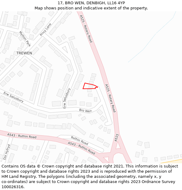 17, BRO WEN, DENBIGH, LL16 4YP: Location map and indicative extent of plot