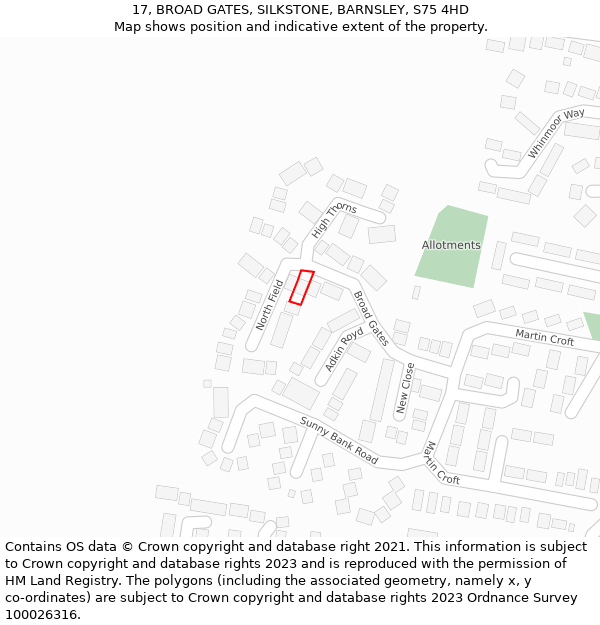 17, BROAD GATES, SILKSTONE, BARNSLEY, S75 4HD: Location map and indicative extent of plot