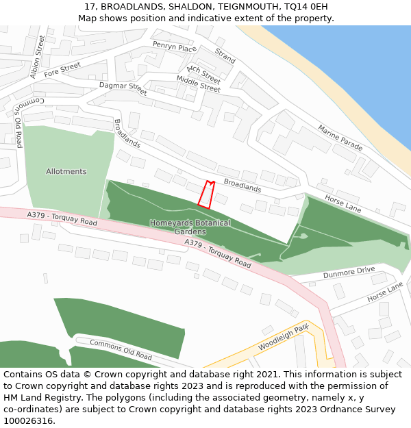 17, BROADLANDS, SHALDON, TEIGNMOUTH, TQ14 0EH: Location map and indicative extent of plot