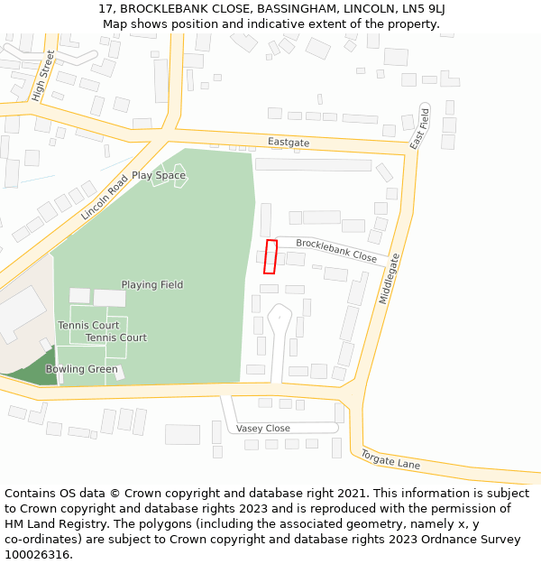 17, BROCKLEBANK CLOSE, BASSINGHAM, LINCOLN, LN5 9LJ: Location map and indicative extent of plot