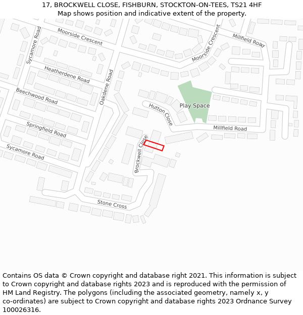 17, BROCKWELL CLOSE, FISHBURN, STOCKTON-ON-TEES, TS21 4HF: Location map and indicative extent of plot