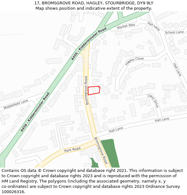 17, BROMSGROVE ROAD, HAGLEY, STOURBRIDGE, DY9 9LY: Location map and indicative extent of plot