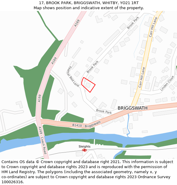 17, BROOK PARK, BRIGGSWATH, WHITBY, YO21 1RT: Location map and indicative extent of plot