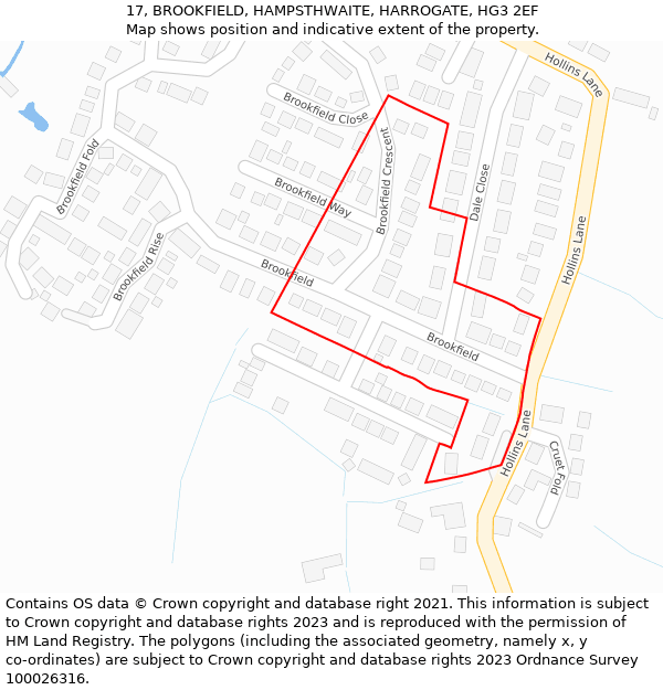 17, BROOKFIELD, HAMPSTHWAITE, HARROGATE, HG3 2EF: Location map and indicative extent of plot