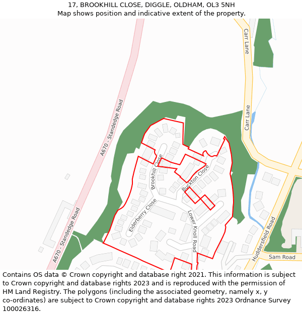 17, BROOKHILL CLOSE, DIGGLE, OLDHAM, OL3 5NH: Location map and indicative extent of plot