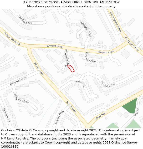 17, BROOKSIDE CLOSE, ALVECHURCH, BIRMINGHAM, B48 7LW: Location map and indicative extent of plot