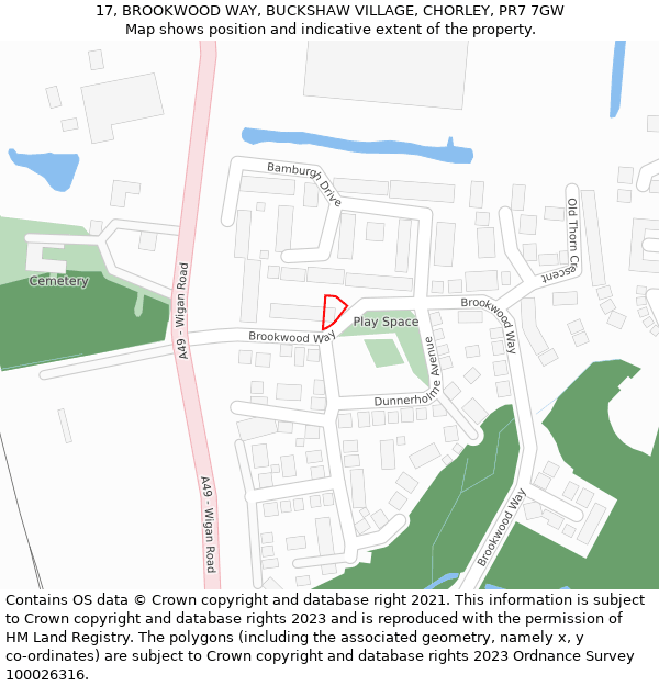 17, BROOKWOOD WAY, BUCKSHAW VILLAGE, CHORLEY, PR7 7GW: Location map and indicative extent of plot
