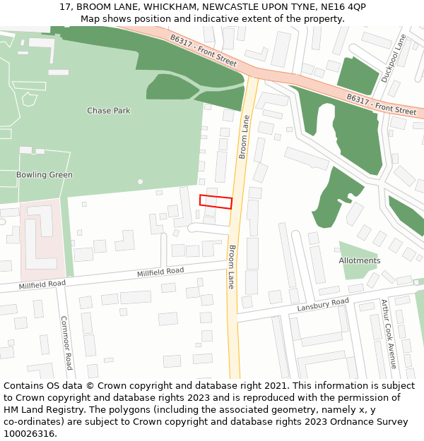 17, BROOM LANE, WHICKHAM, NEWCASTLE UPON TYNE, NE16 4QP: Location map and indicative extent of plot