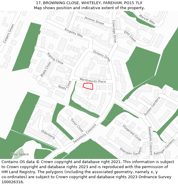 17, BROWNING CLOSE, WHITELEY, FAREHAM, PO15 7LX: Location map and indicative extent of plot