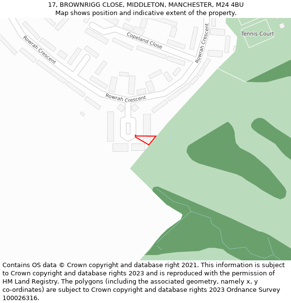 17, BROWNRIGG CLOSE, MIDDLETON, MANCHESTER, M24 4BU: Location map and indicative extent of plot