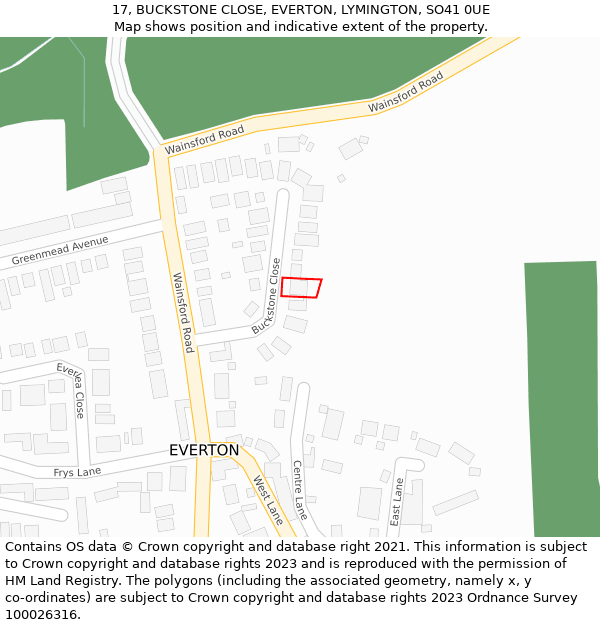 17, BUCKSTONE CLOSE, EVERTON, LYMINGTON, SO41 0UE: Location map and indicative extent of plot