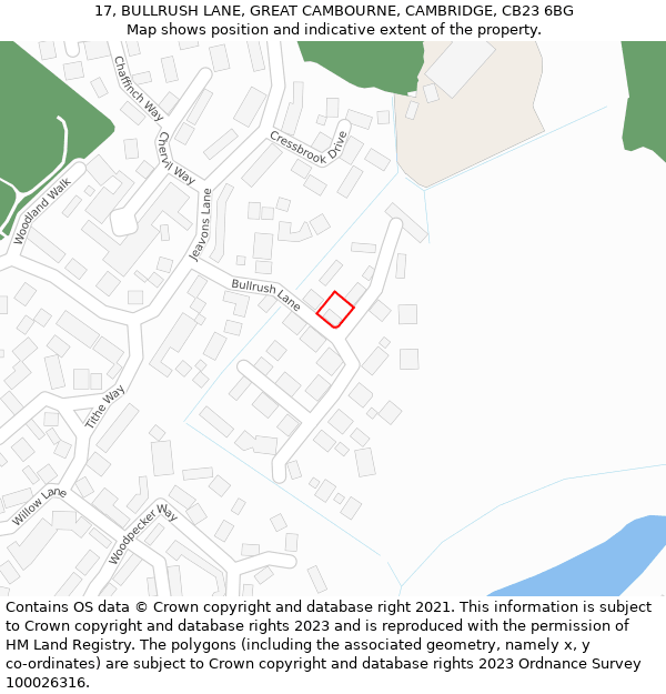 17, BULLRUSH LANE, GREAT CAMBOURNE, CAMBRIDGE, CB23 6BG: Location map and indicative extent of plot