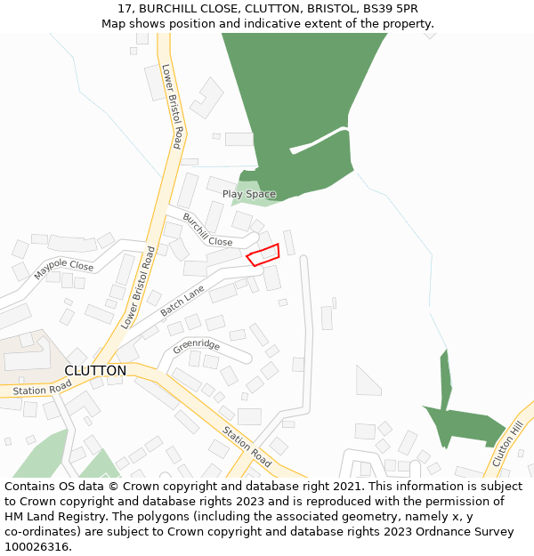 17, BURCHILL CLOSE, CLUTTON, BRISTOL, BS39 5PR: Location map and indicative extent of plot