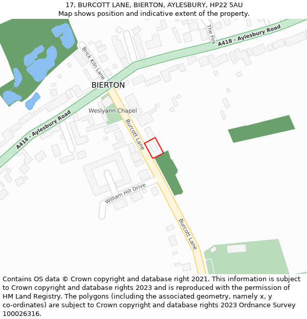 17, BURCOTT LANE, BIERTON, AYLESBURY, HP22 5AU: Location map and indicative extent of plot