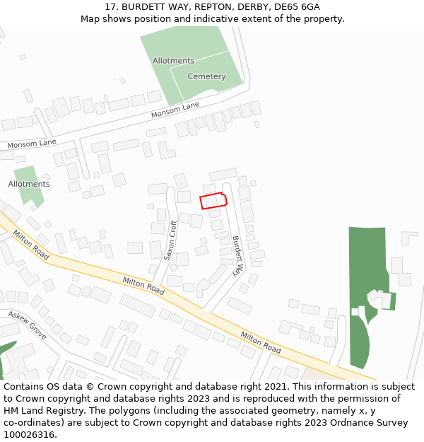 17, BURDETT WAY, REPTON, DERBY, DE65 6GA: Location map and indicative extent of plot