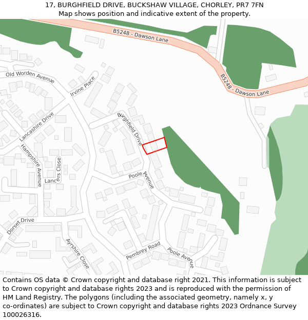 17, BURGHFIELD DRIVE, BUCKSHAW VILLAGE, CHORLEY, PR7 7FN: Location map and indicative extent of plot