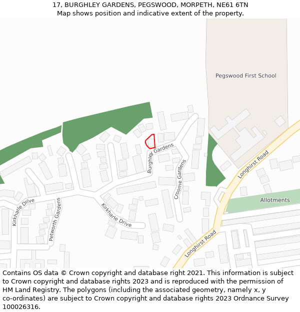 17, BURGHLEY GARDENS, PEGSWOOD, MORPETH, NE61 6TN: Location map and indicative extent of plot