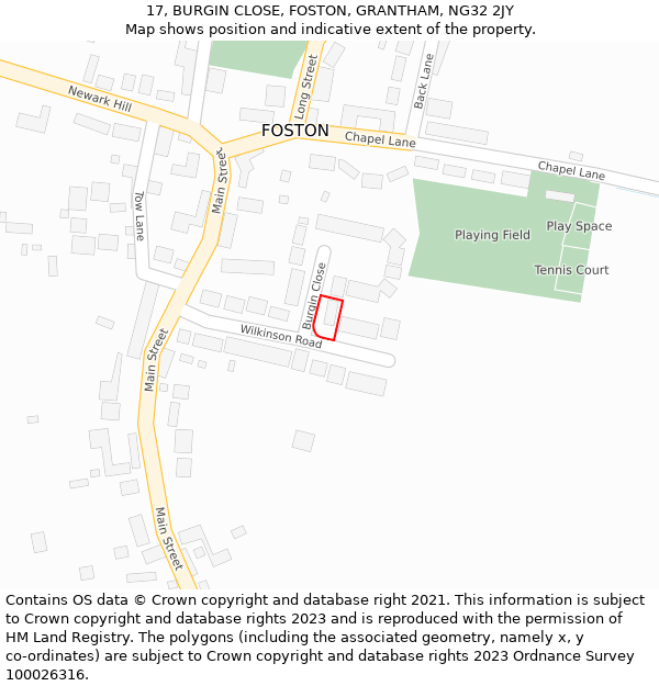 17, BURGIN CLOSE, FOSTON, GRANTHAM, NG32 2JY: Location map and indicative extent of plot
