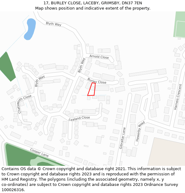 17, BURLEY CLOSE, LACEBY, GRIMSBY, DN37 7EN: Location map and indicative extent of plot