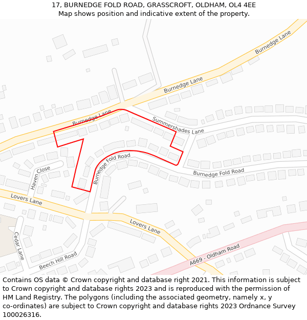 17, BURNEDGE FOLD ROAD, GRASSCROFT, OLDHAM, OL4 4EE: Location map and indicative extent of plot