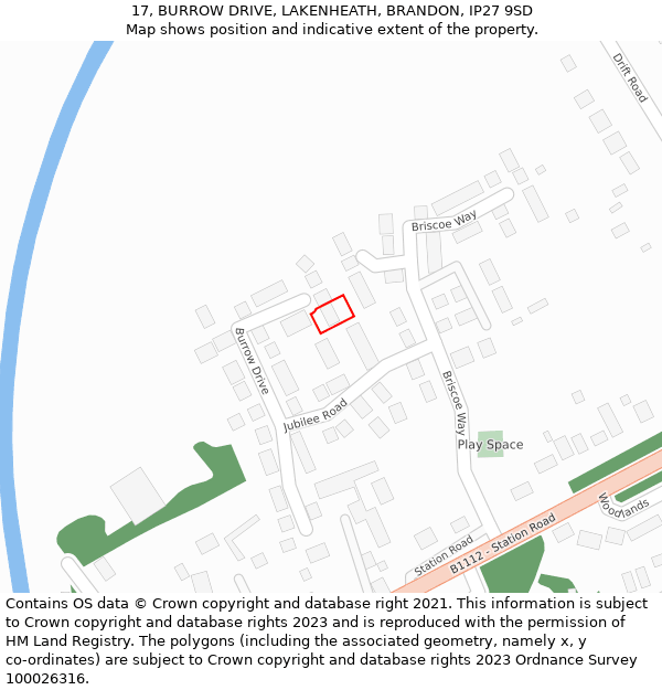 17, BURROW DRIVE, LAKENHEATH, BRANDON, IP27 9SD: Location map and indicative extent of plot