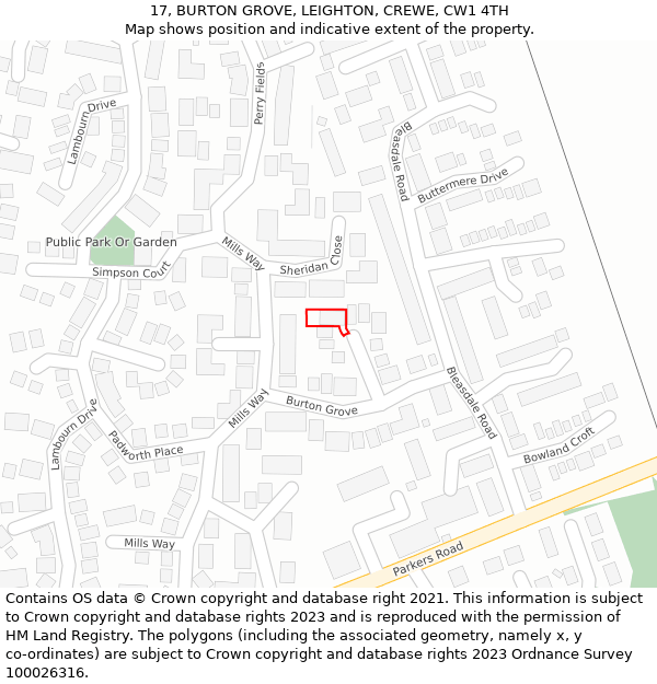 17, BURTON GROVE, LEIGHTON, CREWE, CW1 4TH: Location map and indicative extent of plot