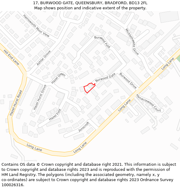 17, BURWOOD GATE, QUEENSBURY, BRADFORD, BD13 2FL: Location map and indicative extent of plot