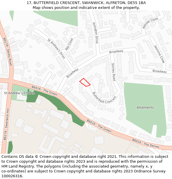 17, BUTTERFIELD CRESCENT, SWANWICK, ALFRETON, DE55 1BA: Location map and indicative extent of plot