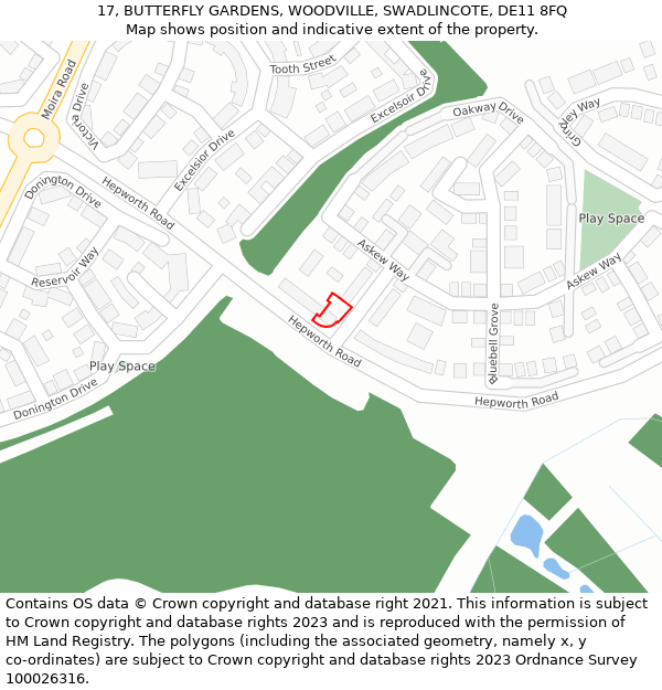 17, BUTTERFLY GARDENS, WOODVILLE, SWADLINCOTE, DE11 8FQ: Location map and indicative extent of plot