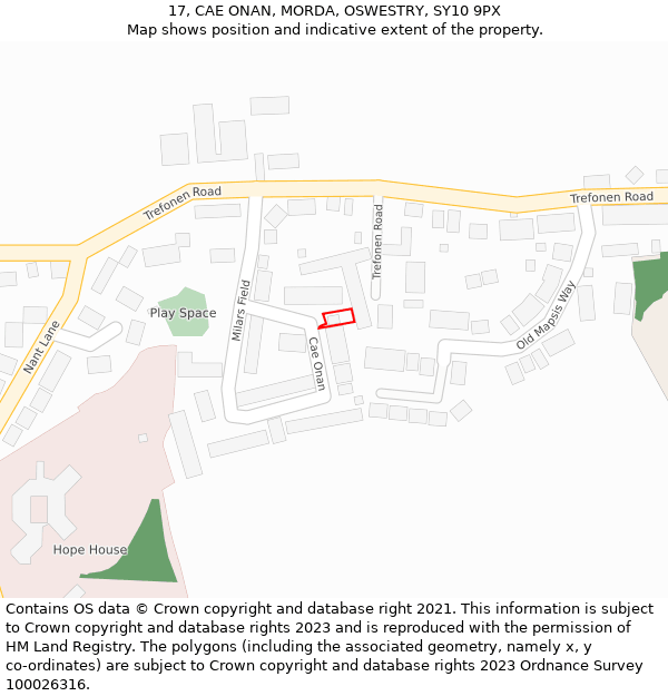 17, CAE ONAN, MORDA, OSWESTRY, SY10 9PX: Location map and indicative extent of plot