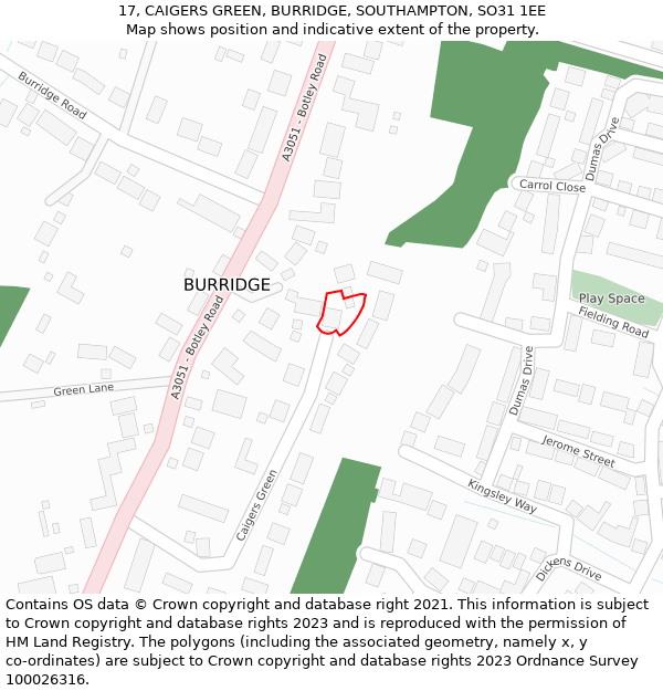 17, CAIGERS GREEN, BURRIDGE, SOUTHAMPTON, SO31 1EE: Location map and indicative extent of plot