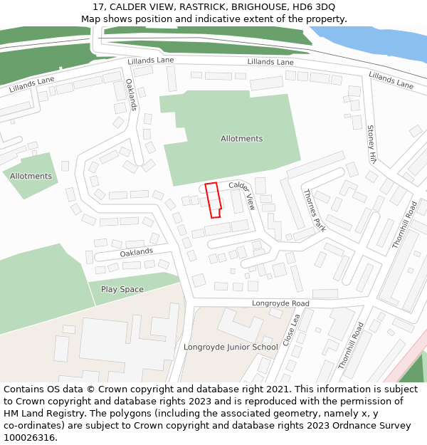 17, CALDER VIEW, RASTRICK, BRIGHOUSE, HD6 3DQ: Location map and indicative extent of plot