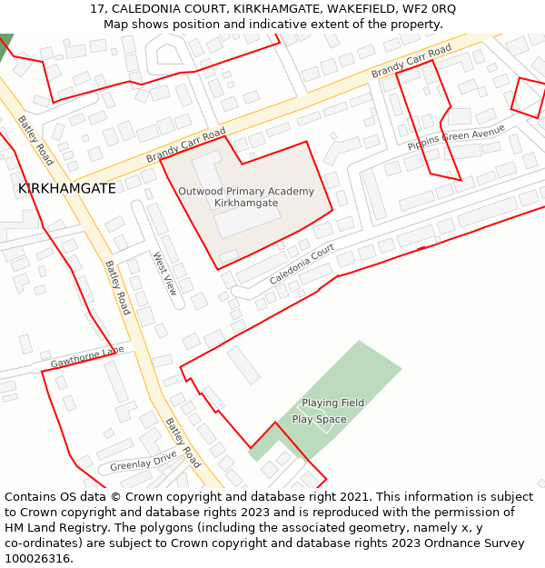 17, CALEDONIA COURT, KIRKHAMGATE, WAKEFIELD, WF2 0RQ: Location map and indicative extent of plot