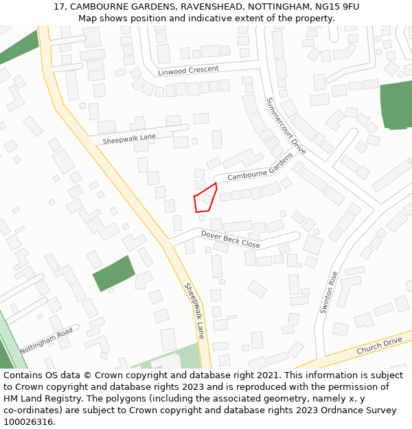 17, CAMBOURNE GARDENS, RAVENSHEAD, NOTTINGHAM, NG15 9FU: Location map and indicative extent of plot